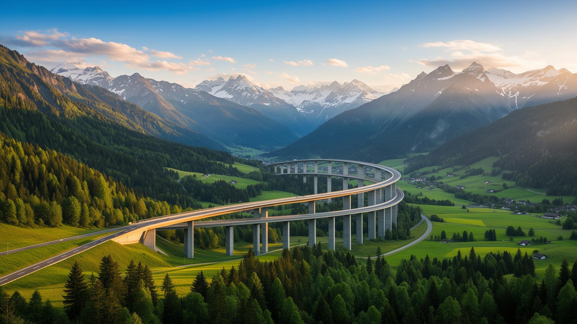 Modern railway bridge crossing a misty valley with wind turbines on the horizon